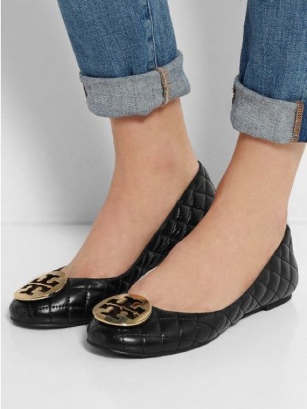 Tory Burch Black Quilted Leather Ballet Flats with Gold Logo Medallion